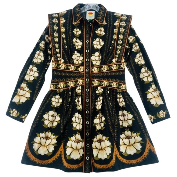 Farm Rio Black Bold Flowers Long Sleeve Mini Dress S NWOT - Picture 14 of 16